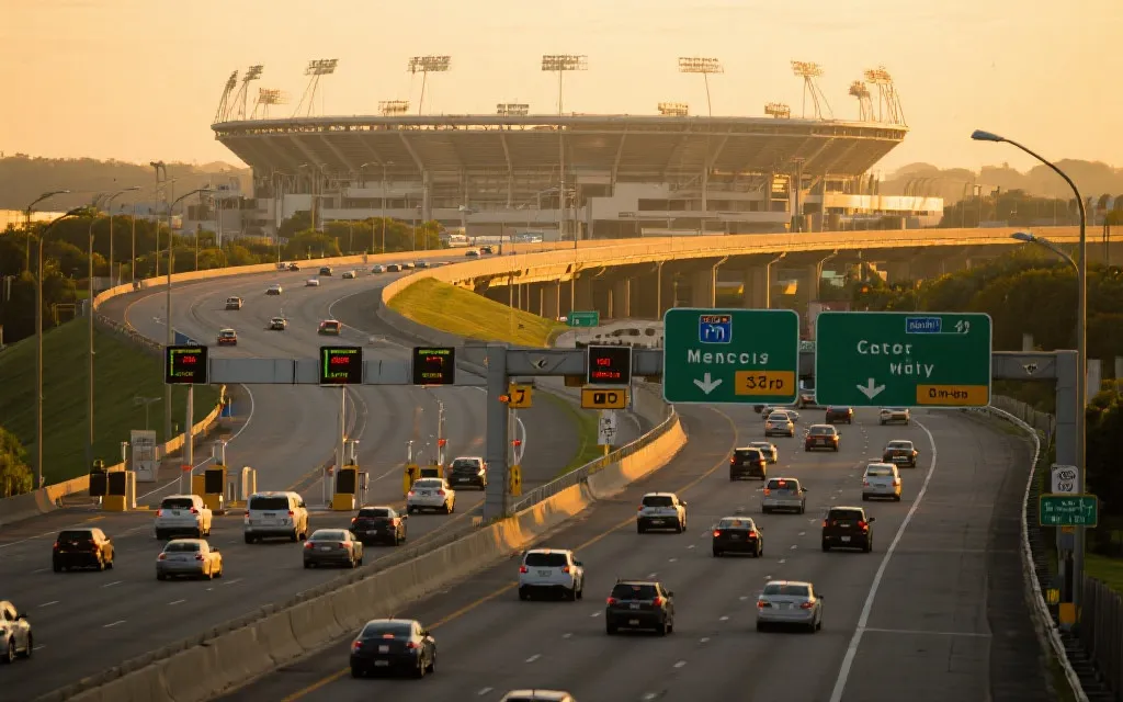 球场周边的高速匝道与电子路费门架，车流与指示牌清晰可见