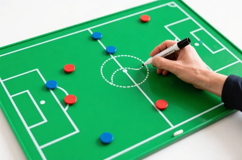 A close-up of a green football tactical board with magnetic markers outlining a strategic formation